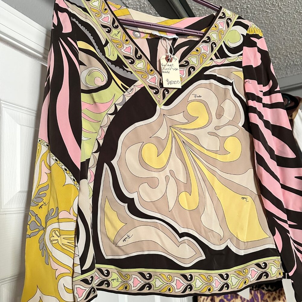 Vintage Emilio Pucci Firenze Silk V-Neck Blouse Psychedelic Print LS Sz xs - Picture 2 of 6